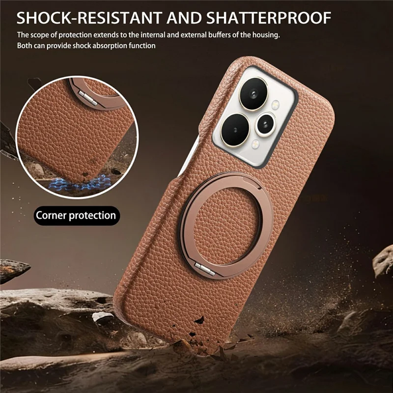 For Realme 15 Pro 5G Magnetic Case PC PU Phone Cover with 360 Rotating Ring Kickstand - Brown