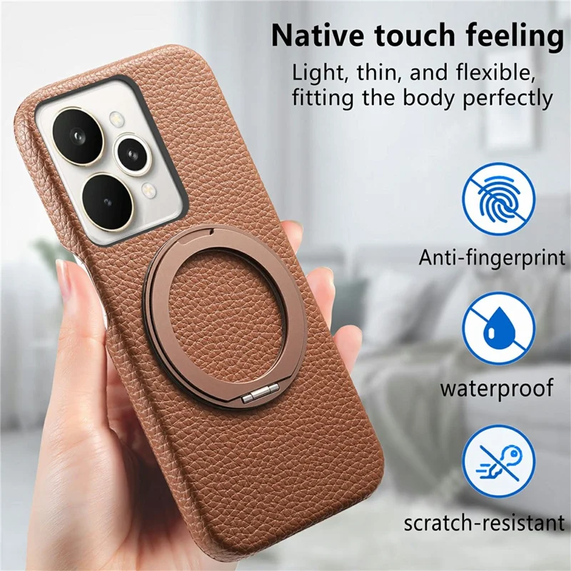For Realme 15 Pro 5G Magnetic Case PC PU Phone Cover with 360 Rotating Ring Kickstand - Brown
