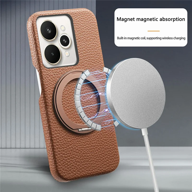 For Realme 15 Pro 5G Magnetic Case PC PU Phone Cover with 360 Rotating Ring Kickstand - Brown