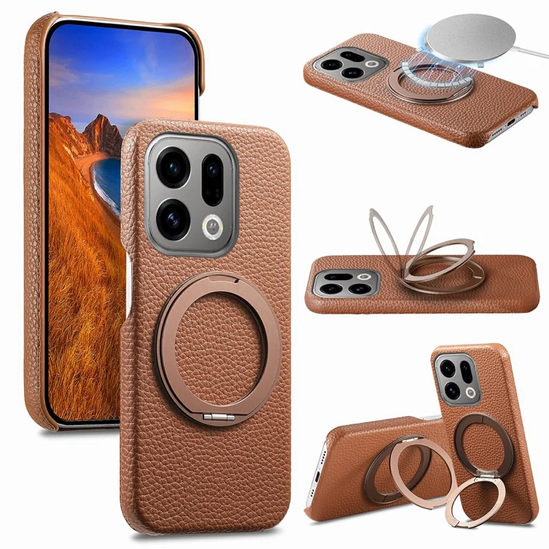 For Oppo Find X9 5G Magnetic Case PC PU Phone Cover with 360 Rotating Ring Kickstand - Brown