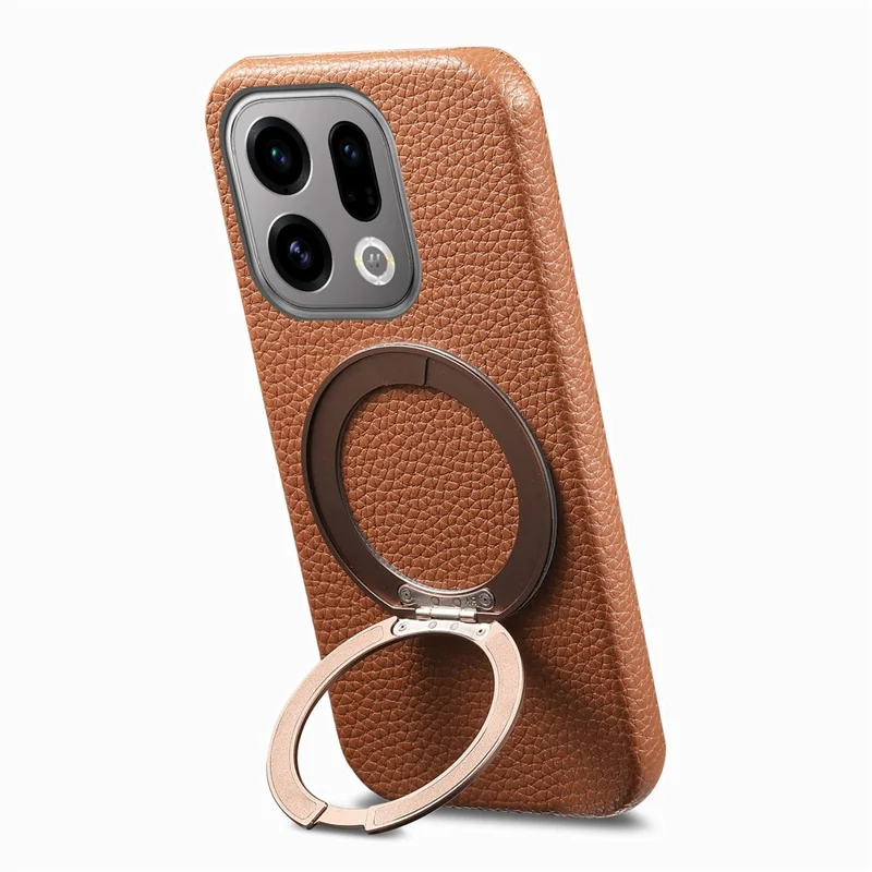 For Oppo Find X9 5G Magnetic Case PC PU Phone Cover with 360 Rotating Ring Kickstand - Brown