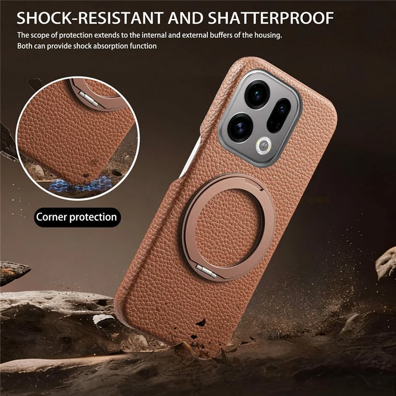 For Oppo Find X9 5G Magnetic Case PC PU Phone Cover with 360 Rotating Ring Kickstand - Brown
