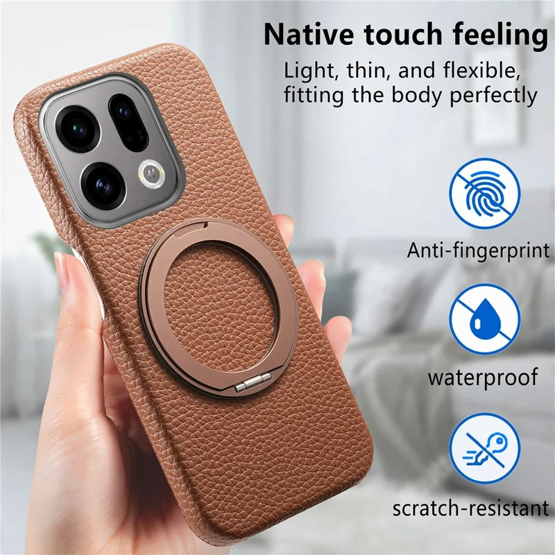 For Oppo Find X9 5G Magnetic Case PC PU Phone Cover with 360 Rotating Ring Kickstand - Brown