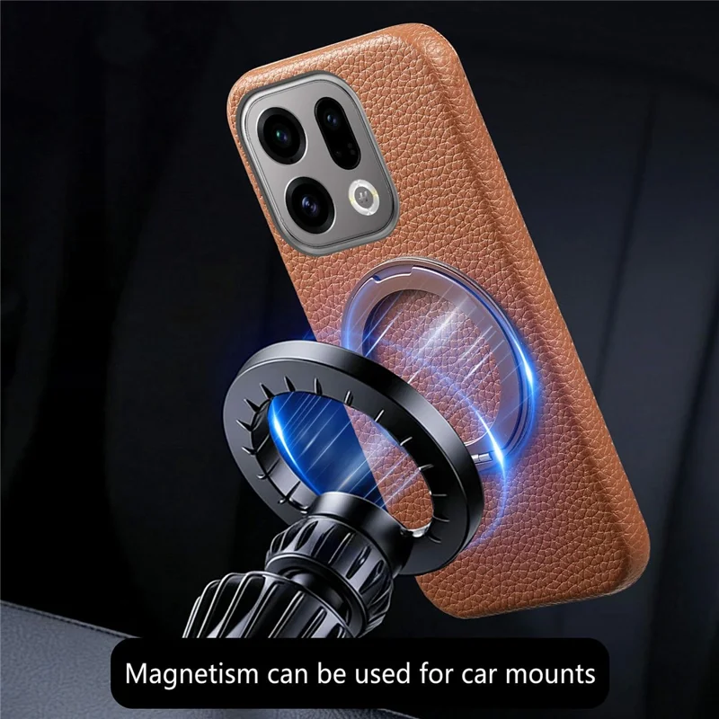 For Oppo Find X9 5G Magnetic Case PC PU Phone Cover with 360 Rotating Ring Kickstand - Brown