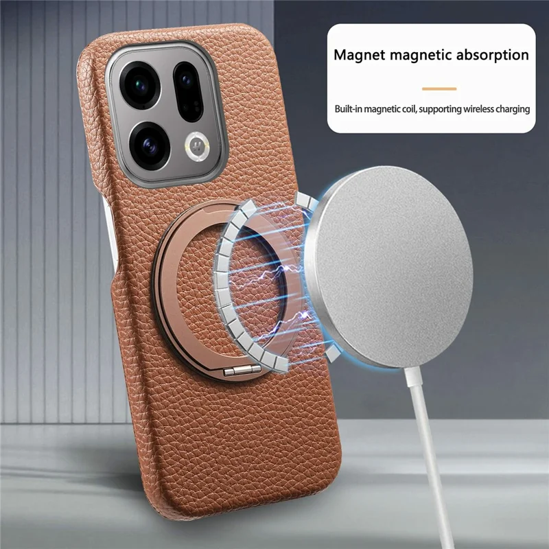 For Oppo Find X9 5G Magnetic Case PC PU Phone Cover with 360 Rotating Ring Kickstand - Brown