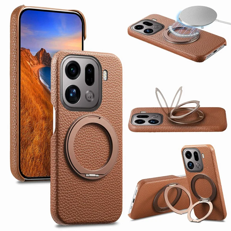 For Oppo Find X9 Pro 5G Magnetic Case PC PU Phone Cover with 360 Rotating Ring Kickstand - Brown