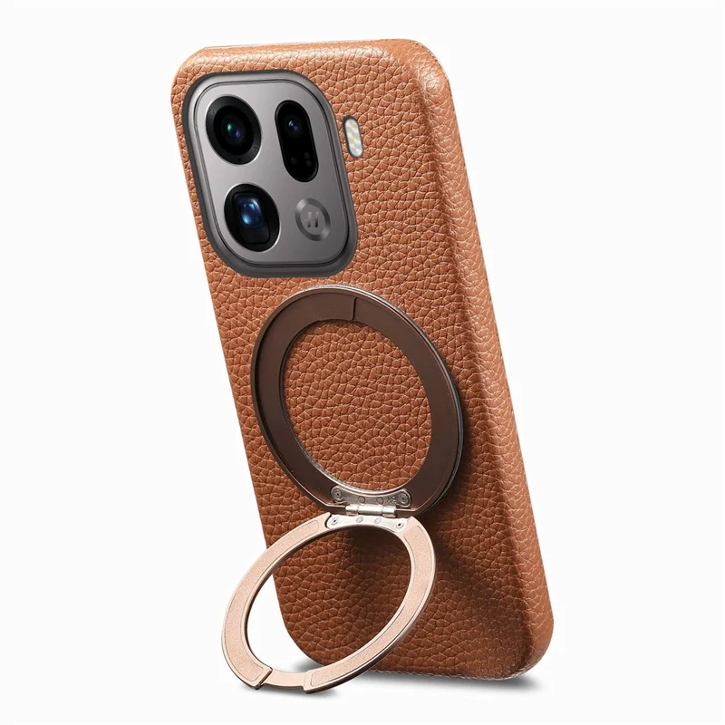 For Oppo Find X9 Pro 5G Magnetic Case PC PU Phone Cover with 360 Rotating Ring Kickstand - Brown