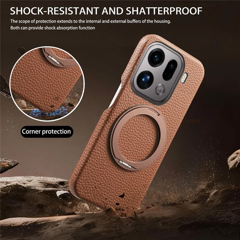 For Oppo Find X9 Pro 5G Magnetic Case PC PU Phone Cover with 360 Rotating Ring Kickstand - Brown