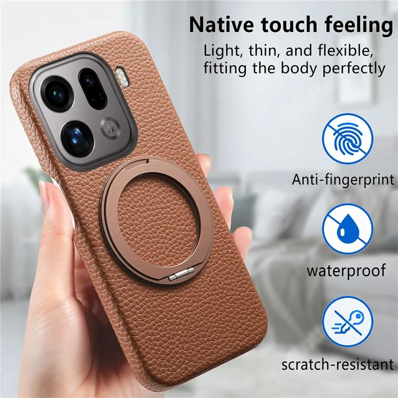 For Oppo Find X9 Pro 5G Magnetic Case PC PU Phone Cover with 360 Rotating Ring Kickstand - Brown