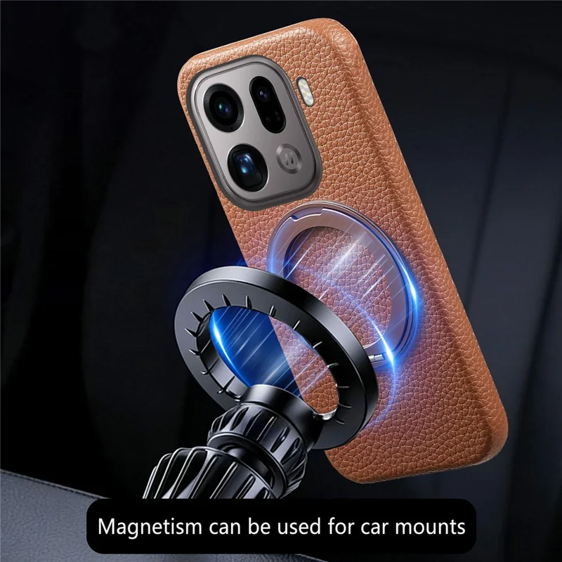 For Oppo Find X9 Pro 5G Magnetic Case PC PU Phone Cover with 360 Rotating Ring Kickstand - Brown