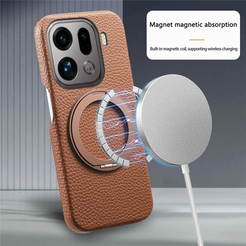 For Oppo Find X9 Pro 5G Magnetic Case PC PU Phone Cover with 360 Rotating Ring Kickstand - Brown