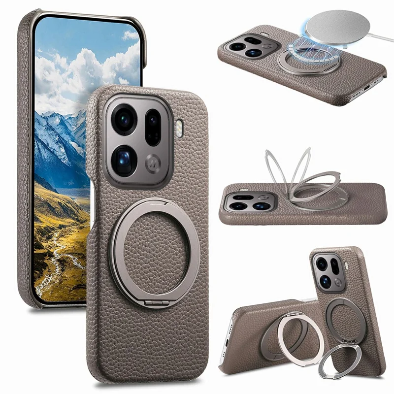 For Oppo Find X9 Pro 5G Magnetic Case PC PU Phone Cover with 360 Rotating Ring Kickstand - Grey