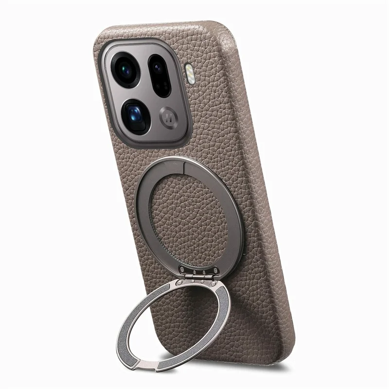 For Oppo Find X9 Pro 5G Magnetic Case PC PU Phone Cover with 360 Rotating Ring Kickstand - Grey