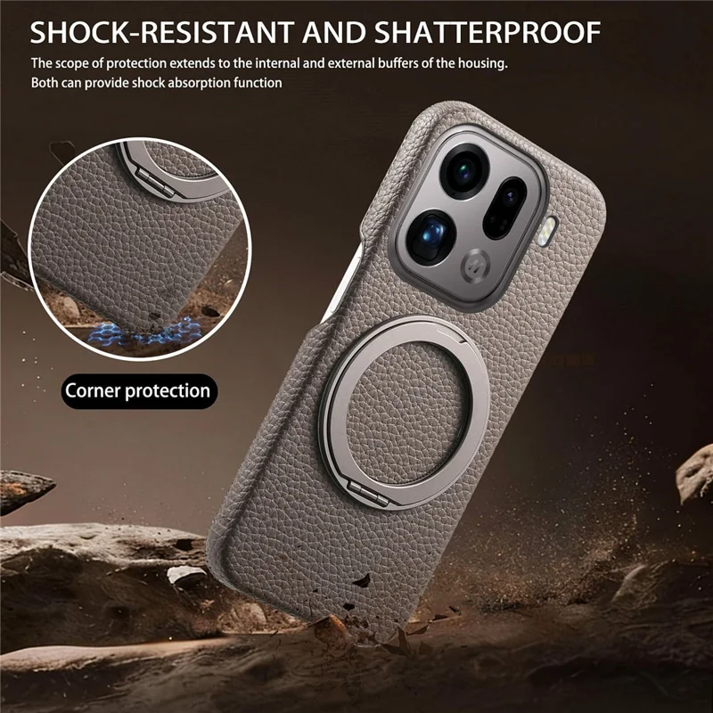 For Oppo Find X9 Pro 5G Magnetic Case PC PU Phone Cover with 360 Rotating Ring Kickstand - Grey