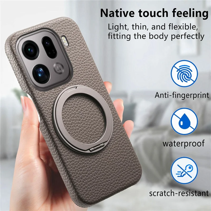 For Oppo Find X9 Pro 5G Magnetic Case PC PU Phone Cover with 360 Rotating Ring Kickstand - Grey