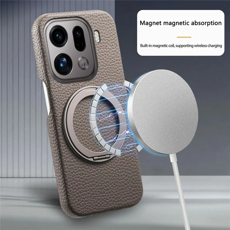For Oppo Find X9 Pro 5G Magnetic Case PC PU Phone Cover with 360 Rotating Ring Kickstand - Grey