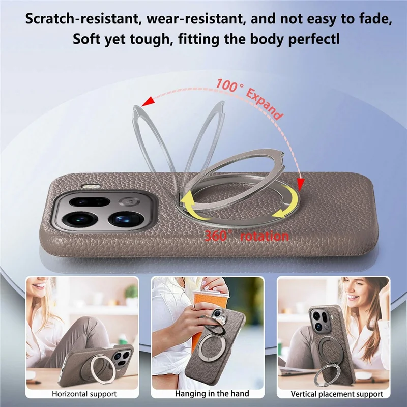 For Oppo Find X9 Pro 5G Magnetic Case PC PU Phone Cover with 360 Rotating Ring Kickstand - Grey