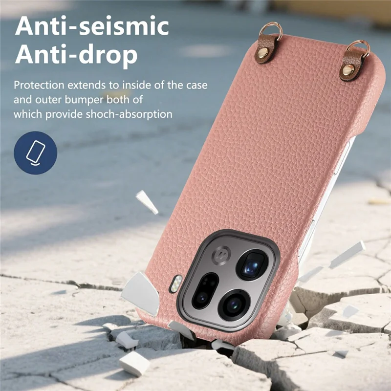 For Oppo Find X9 Pro 5G Litchi Pattern Case with Lanyard Shockproof PC PU Leather Cover - Pink