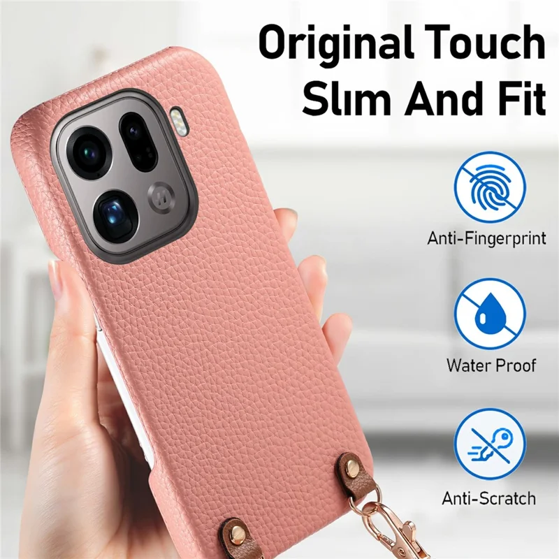 For Oppo Find X9 Pro 5G Litchi Pattern Case with Lanyard Shockproof PC PU Leather Cover - Pink