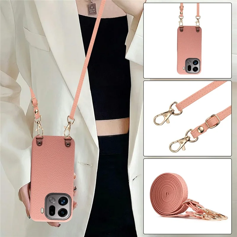 For Oppo Find X9 Pro 5G Litchi Pattern Case with Lanyard Shockproof PC PU Leather Cover - Pink