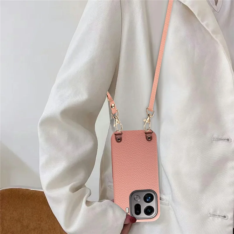 For Oppo Find X9 Pro 5G Litchi Pattern Case with Lanyard Shockproof PC PU Leather Cover - Pink