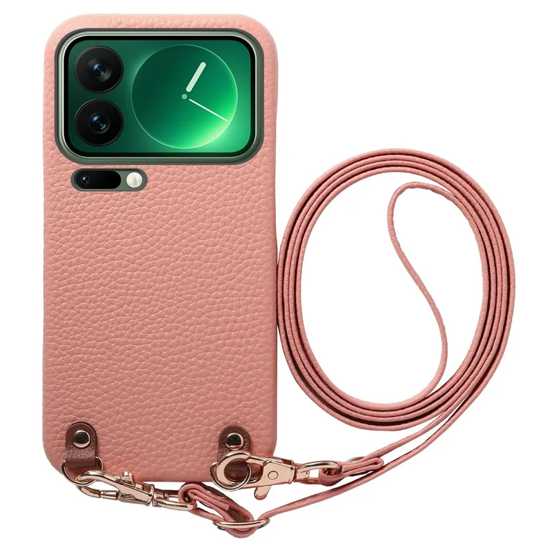 For Xiaomi 17 Pro Max Litchi Pattern Case with Lanyard Shockproof PC PU Leather Cover - Pink