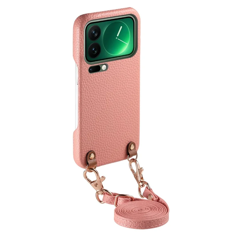 For Xiaomi 17 Pro Max Litchi Pattern Case with Lanyard Shockproof PC PU Leather Cover - Pink