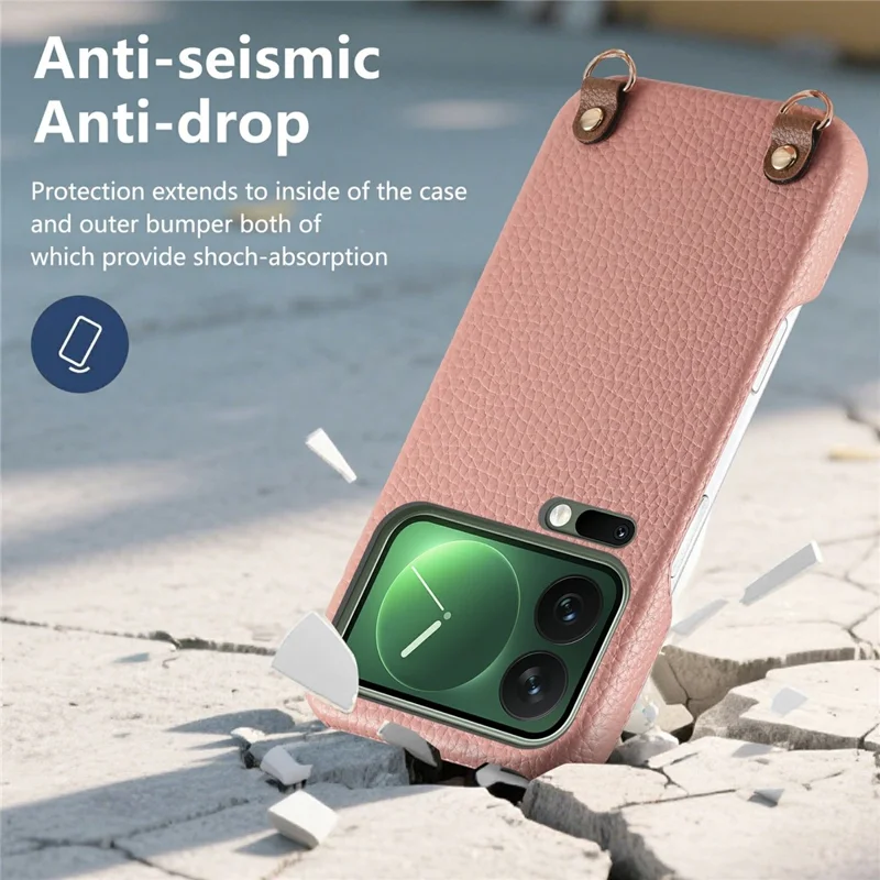 For Xiaomi 17 Pro Max Litchi Pattern Case with Lanyard Shockproof PC PU Leather Cover - Pink