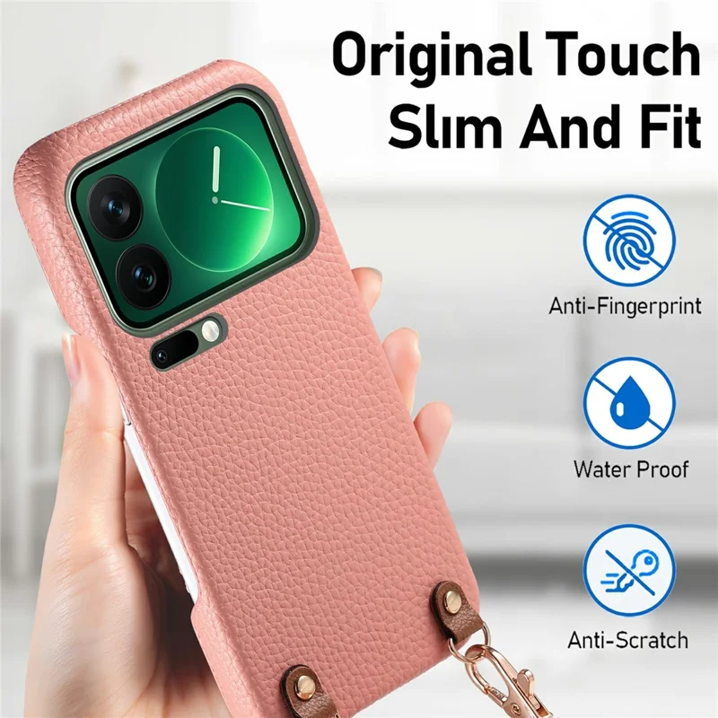 For Xiaomi 17 Pro Max Litchi Pattern Case with Lanyard Shockproof PC PU Leather Cover - Pink