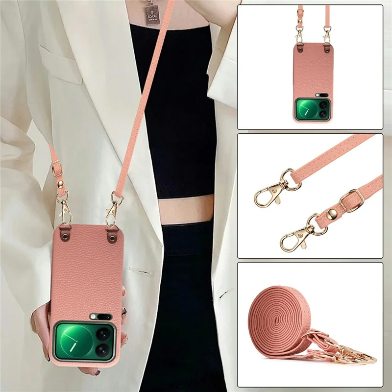 For Xiaomi 17 Pro Max Litchi Pattern Case with Lanyard Shockproof PC PU Leather Cover - Pink