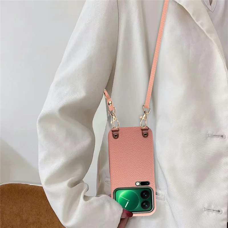 For Xiaomi 17 Pro Max Litchi Pattern Case with Lanyard Shockproof PC PU Leather Cover - Pink