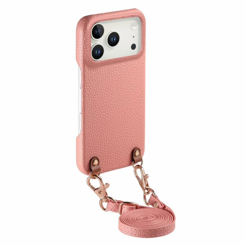 Funda para iPhone 17 Pro con Patrón de Textura de Litchi y Cordón, Funda Antigolpes de PC y Cuero PU - Rosa