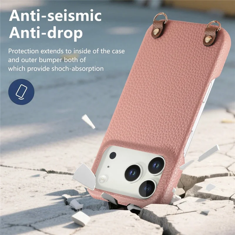 Funda para iPhone 17 Pro con Patrón de Textura de Litchi y Cordón, Funda Antigolpes de PC y Cuero PU - Rosa
