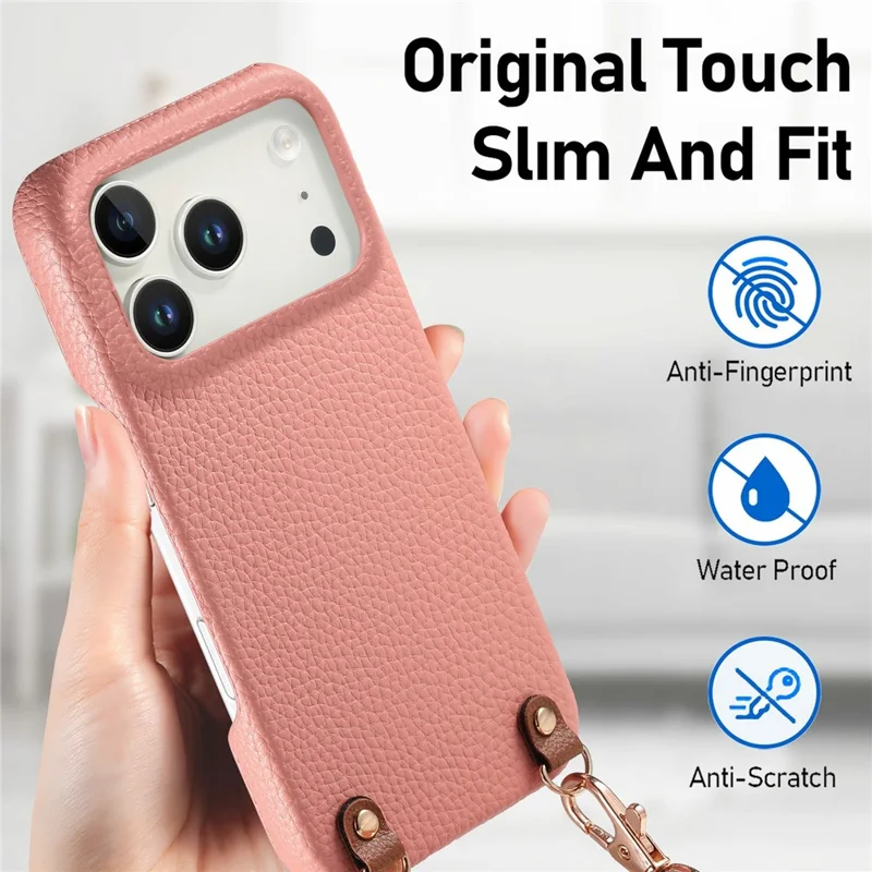 Funda para iPhone 17 Pro con Patrón de Textura de Litchi y Cordón, Funda Antigolpes de PC y Cuero PU - Rosa