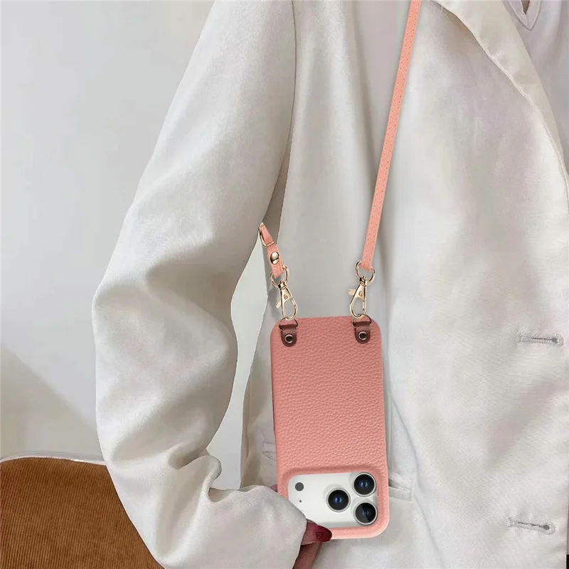 For iPhone 17 Pro Max Litchi Pattern Case with Lanyard Shockproof PC PU Leather Cover - Pink