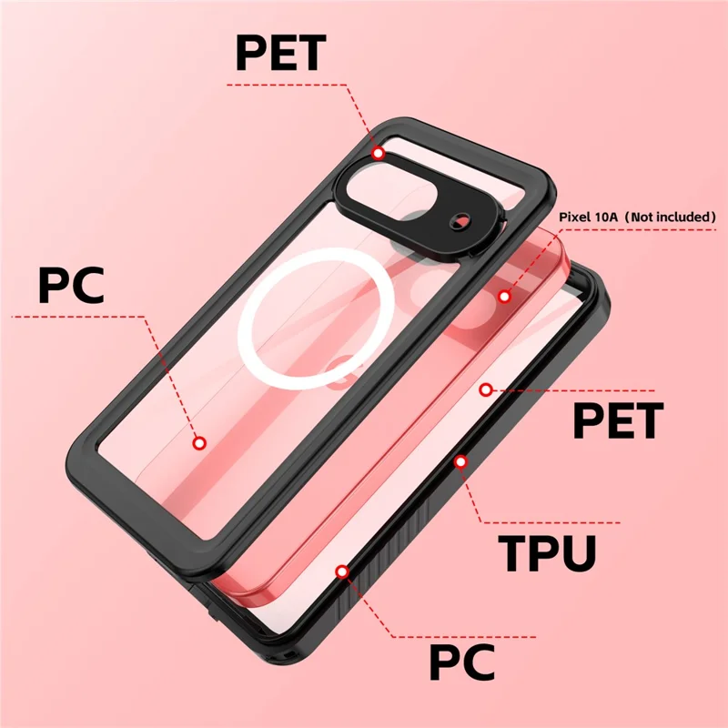 REDPEPPER FS Series For Google Pixel 10a IPX8 Waterproof Case PC TPU PET Clear Magnetic Phone Cover - Black