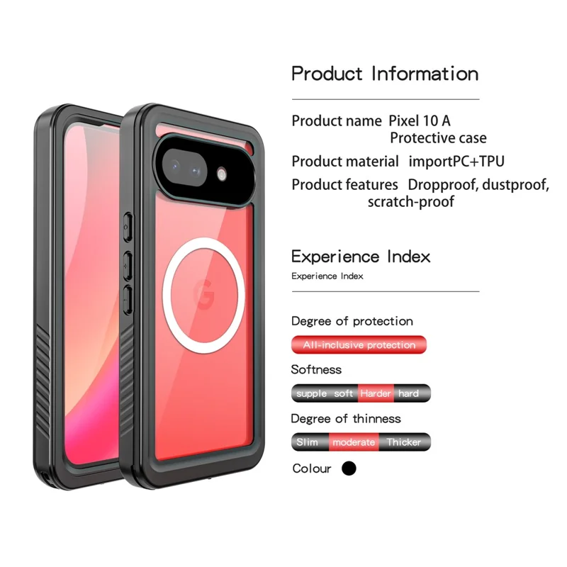 REDPEPPER FS Series For Google Pixel 10a IPX8 Waterproof Case PC TPU PET Clear Magnetic Phone Cover - Black