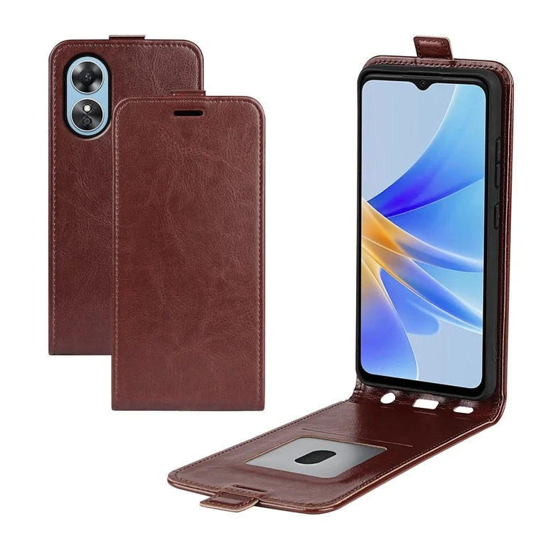Pour Oppo A17 4G Vertical Flip Phone Case Crazy Horse Texture Texture Carte Holder Coue Coureau en Cuir - Brun