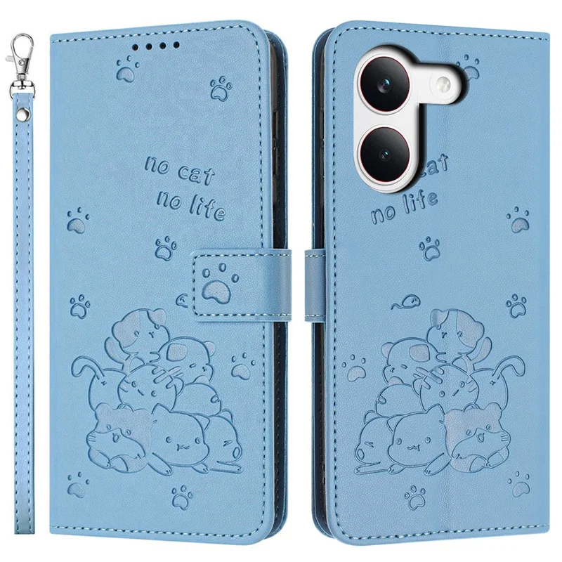 For Xiaomi Redmi Turbo 5 5G  /  Poco X8 Pro 5G Wallet Case Cats Imprint Leather Phone Cover with Strap - Blue