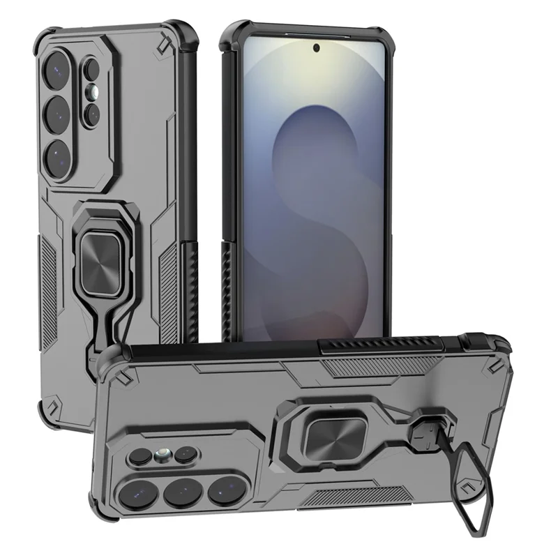 For Samsung Galaxy S26 Ultra Case Rotatable Ring Kickstand PC + TPU Shockproof Phone Cover - Black