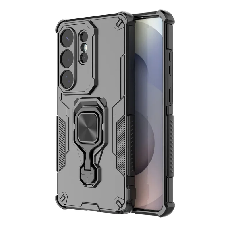 For Samsung Galaxy S26 Ultra Case Rotatable Ring Kickstand PC + TPU Shockproof Phone Cover - Black