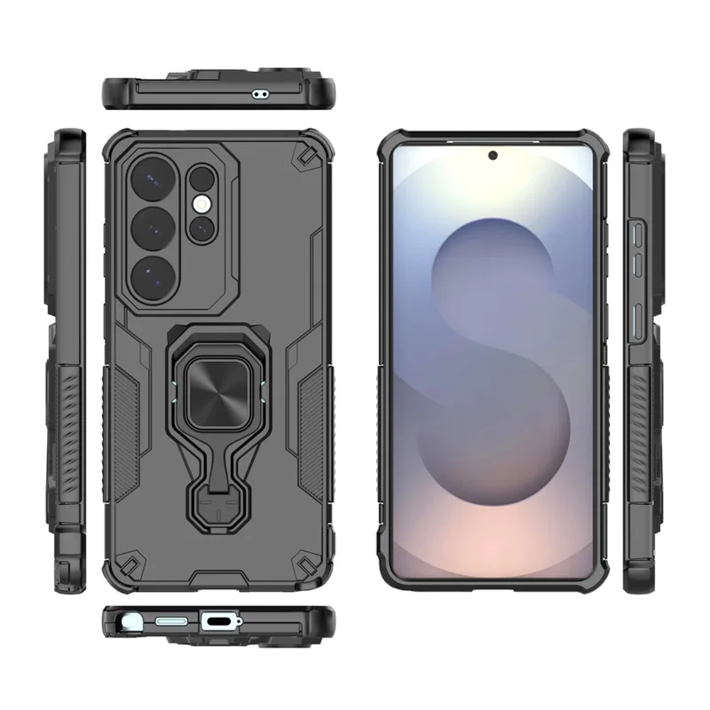 For Samsung Galaxy S26 Ultra Case Rotatable Ring Kickstand PC + TPU Shockproof Phone Cover - Black