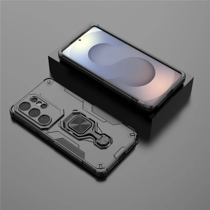 For Samsung Galaxy S26 Ultra Case Rotatable Ring Kickstand PC + TPU Shockproof Phone Cover - Black