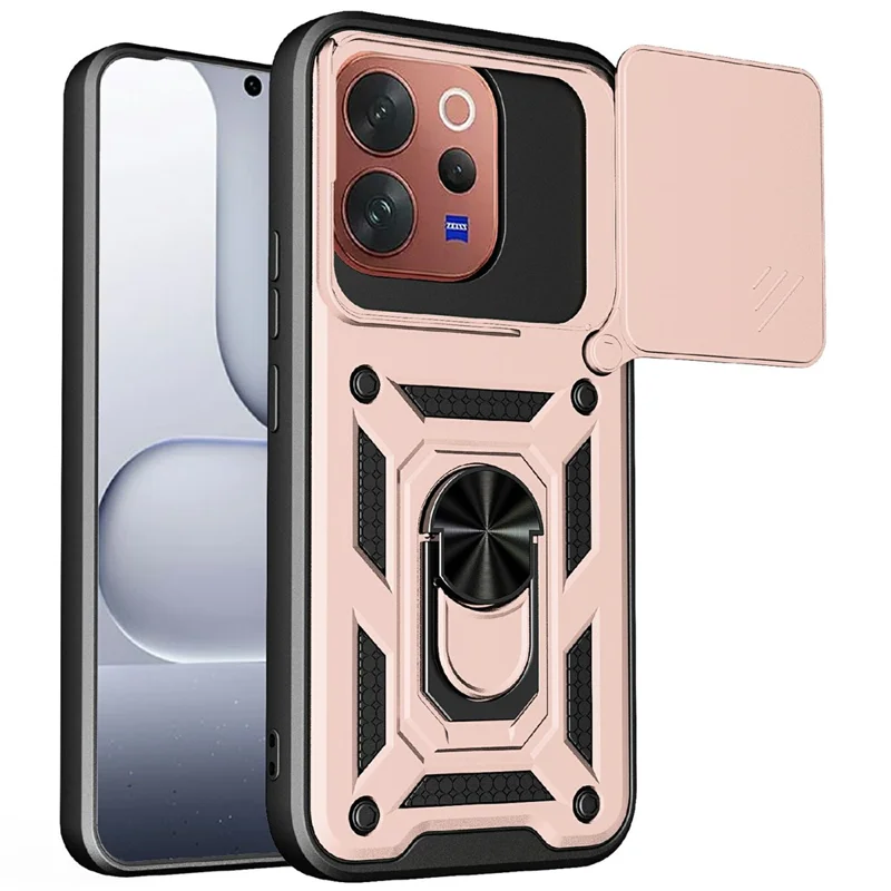 For vivo V70 5G Case with Slide Camera Lid PC + TPU Kickstand Phone Cover - Rose Gold