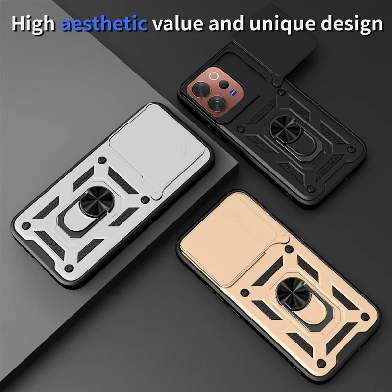 For vivo V70 5G Case with Slide Camera Lid PC + TPU Kickstand Phone Cover - Rose Gold