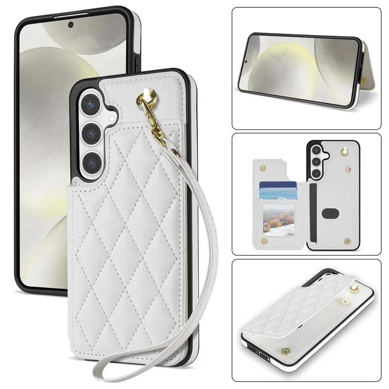 For Samsung Galaxy S26 Case with Wrist Strap Card Slots Rhombus Leather + TPU Phone Cover - White