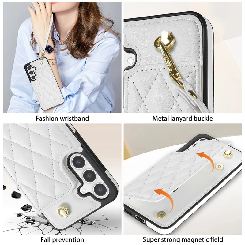 For Samsung Galaxy S26 Case with Wrist Strap Card Slots Rhombus Leather + TPU Phone Cover - White