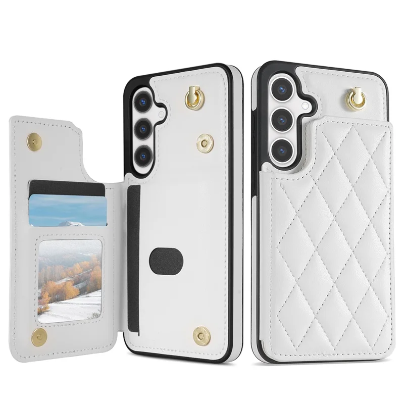 For Samsung Galaxy S26 Case with Wrist Strap Card Slots Rhombus Leather + TPU Phone Cover - White