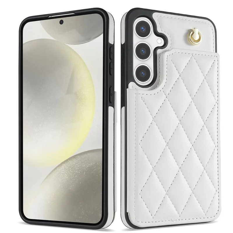 For Samsung Galaxy S26 Case with Wrist Strap Card Slots Rhombus Leather + TPU Phone Cover - White