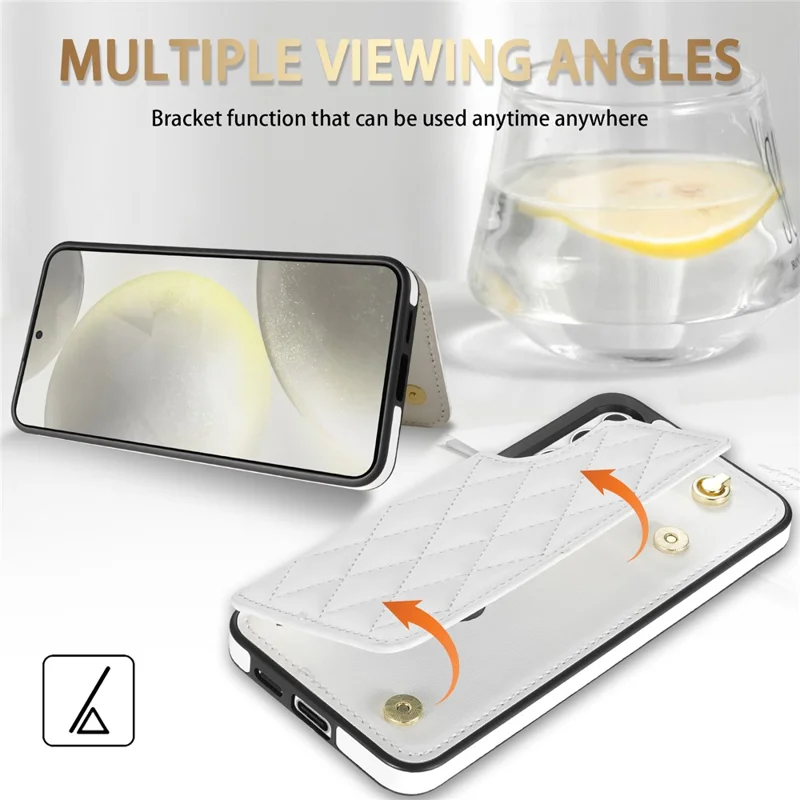 For Samsung Galaxy S26 Case with Wrist Strap Card Slots Rhombus Leather + TPU Phone Cover - White